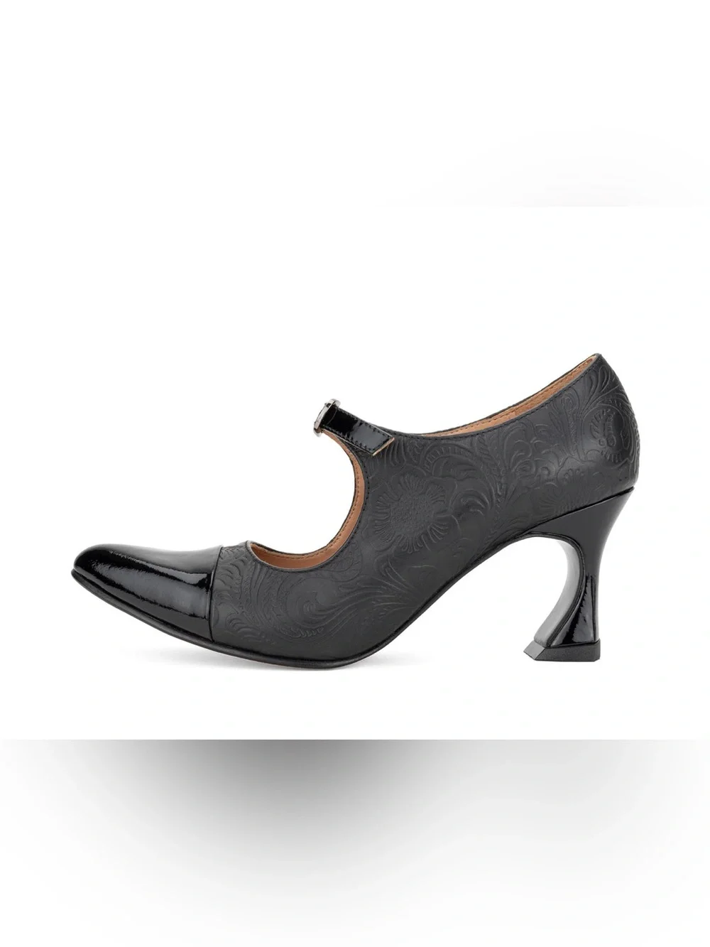 John Fluevog Malala Big Presence Black Embossed Leather Mary Jane Heels 7